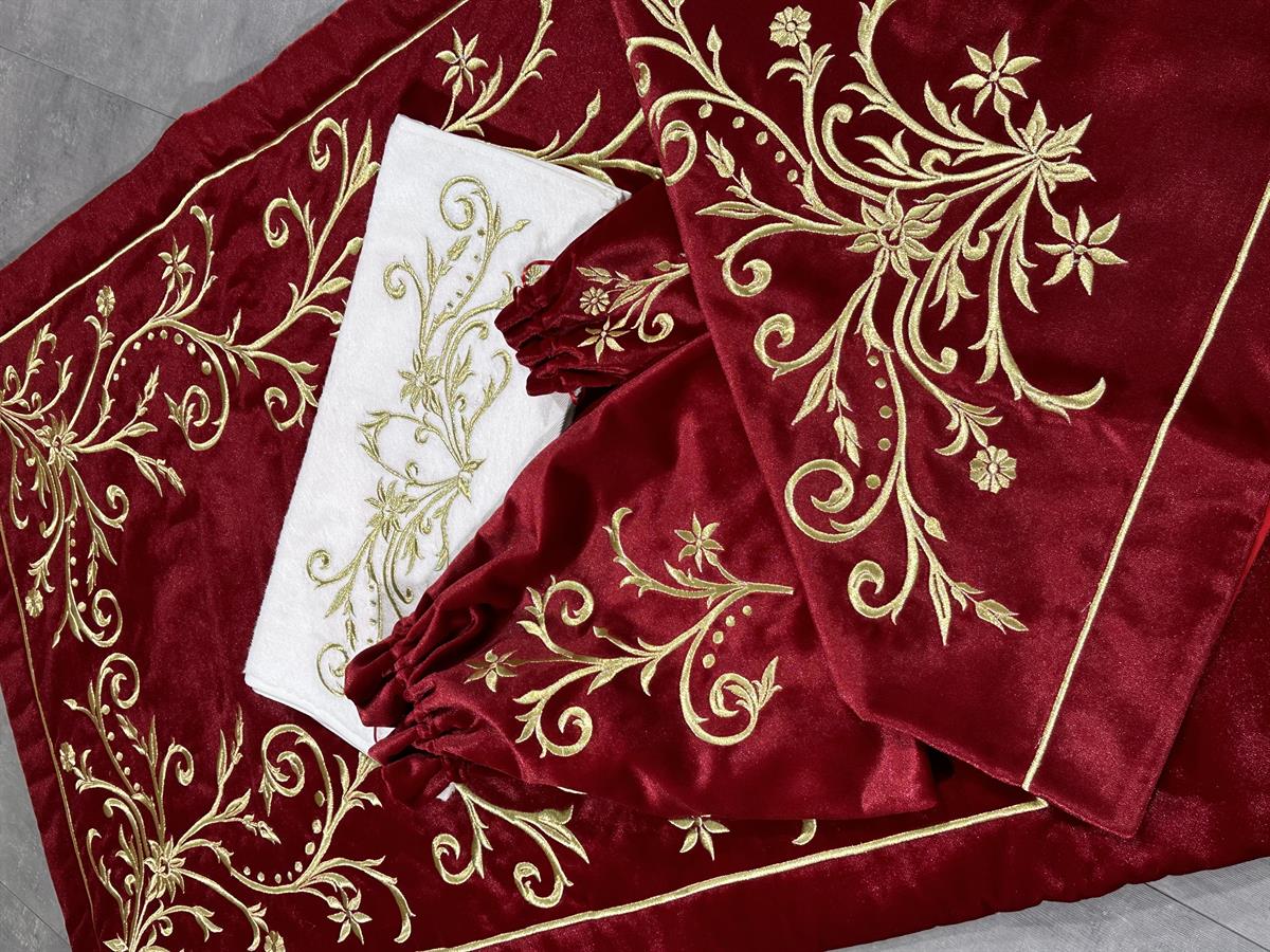 Bordo Gergef Gold Nakışlı Kadife Beş Parça Seccade Takımı