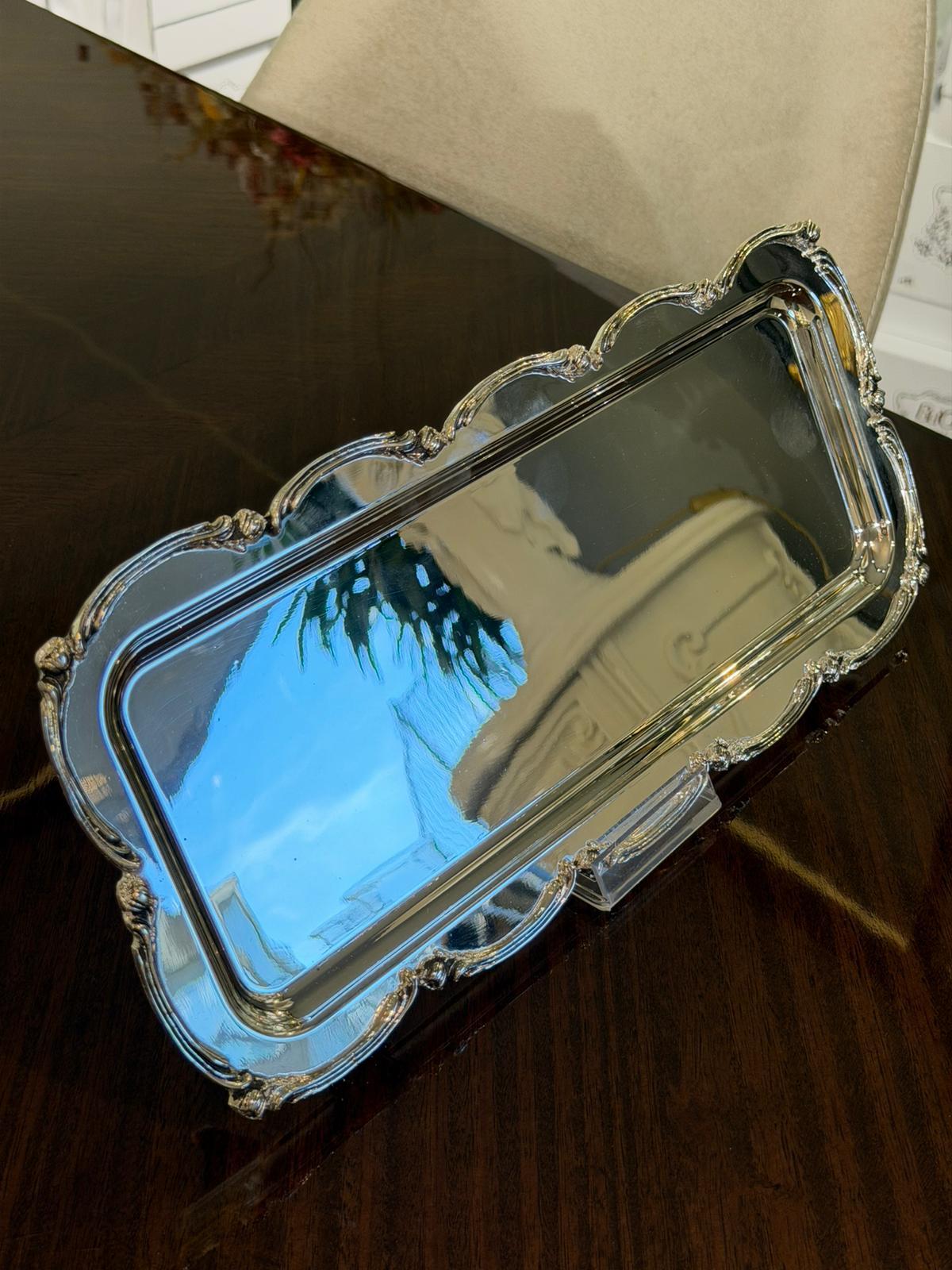 Gümüş Kaplama Dikdörtgen Zarif Model Söz Tepsisi