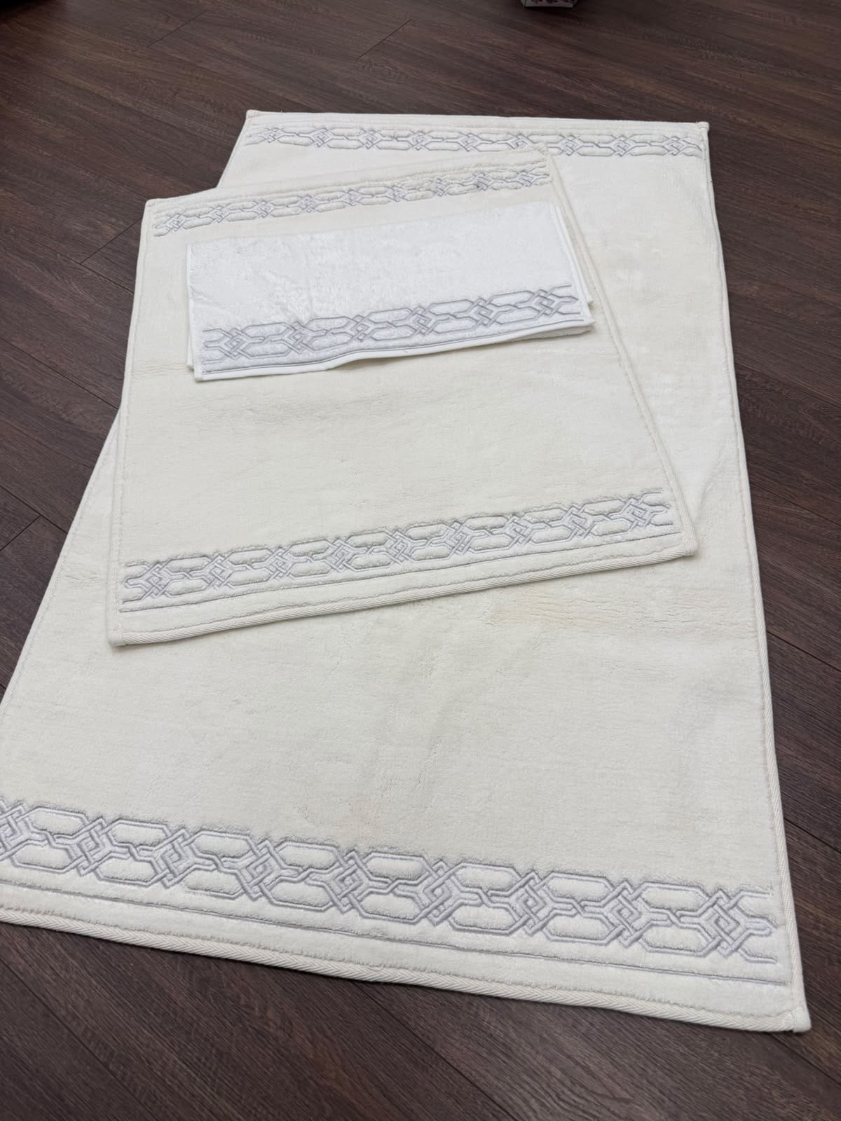 Krem Gri Geometrik Nakışlı 70x120 cm Paspas Takımı