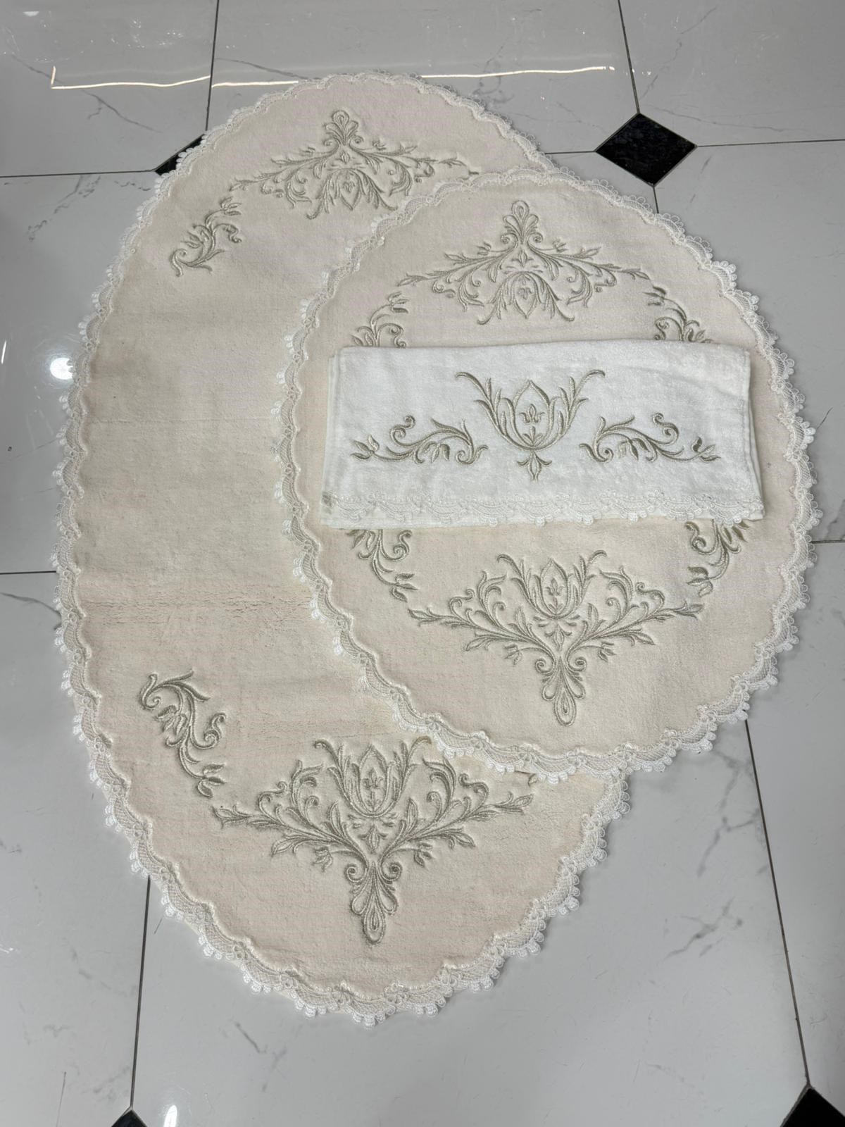 Krem Gümüş Müjgan Nakışlı 70x120 cm Paspas Takımı