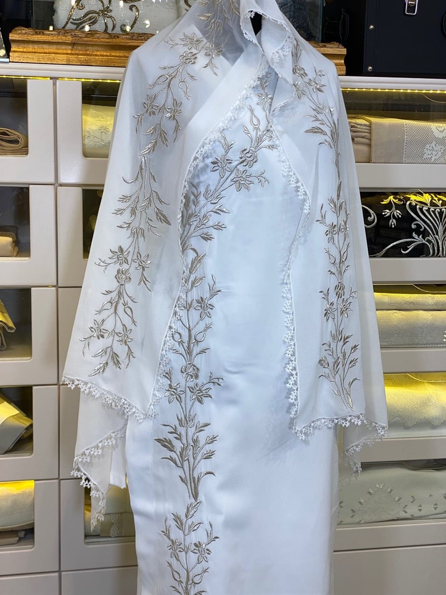Krem Saray Model Nakışlı Namaz Elbise ve Örtüsü