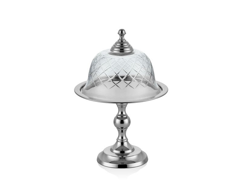 YUVARLAK AYAKLI CAM KAPAKLI NICKEL KEK STANDI 24X34 CM