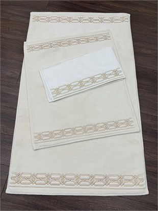 Krem Karamel Geometrik Nakışlı 70x120 cm Paspas Takımı