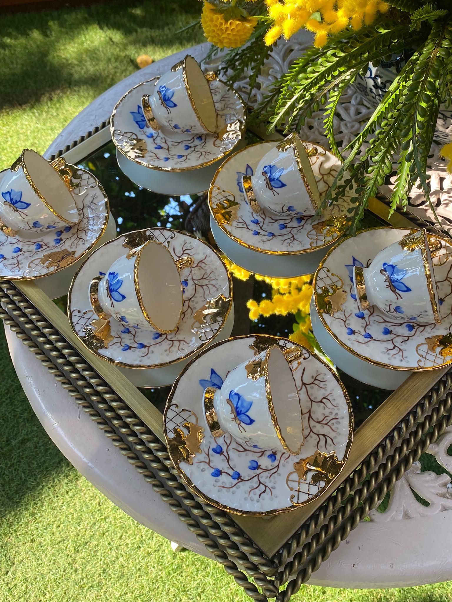 Altılı Blue Butterfly Model El Boyaması Kahve Fincan Takımı