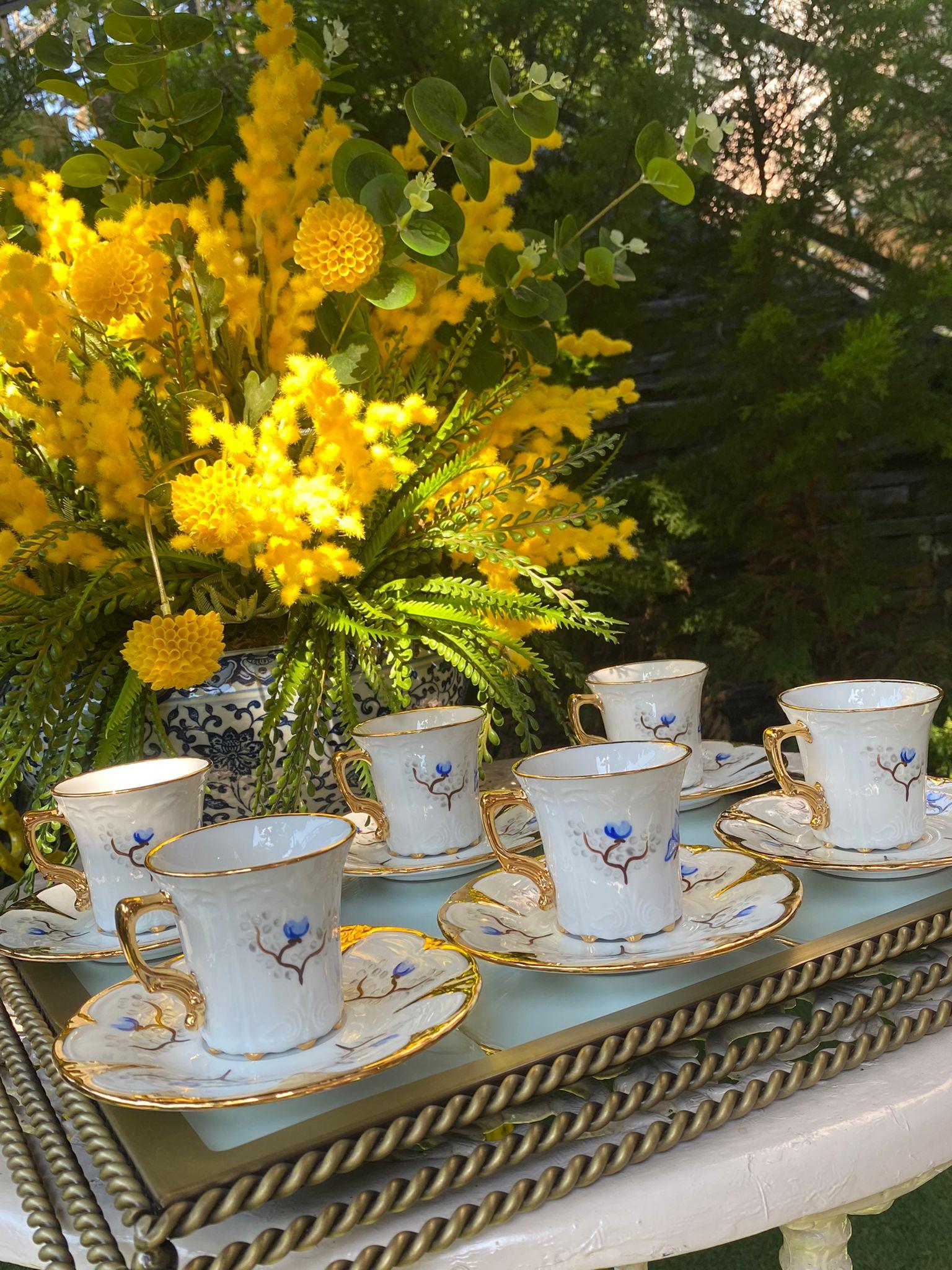 Altılı Mavi Butterfly Model El Boyaması Kahve Fincan Takımı