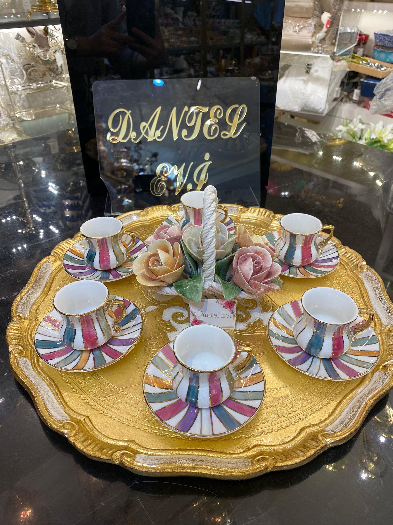 Altılı Sütun Tombul Model Renkli El Boyaması Kahve Fincan Takımı