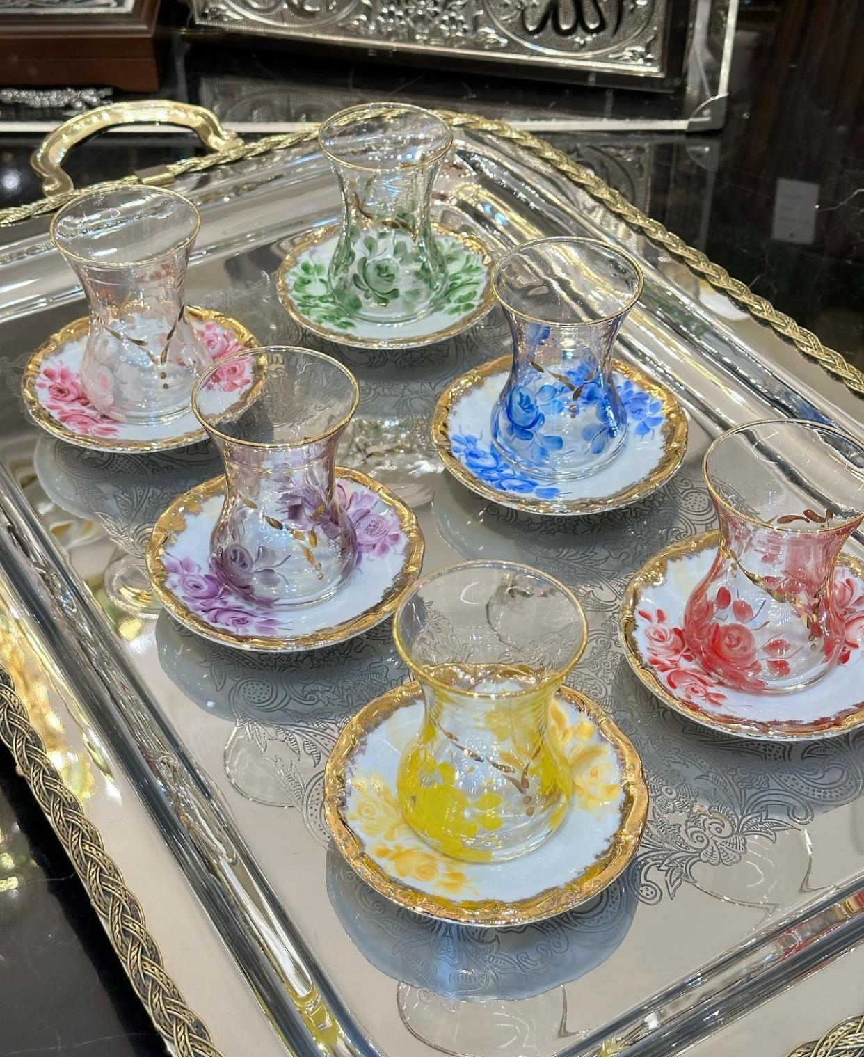 Altılı Yakamoz Model El Boyaması Çay Bardak Takımı