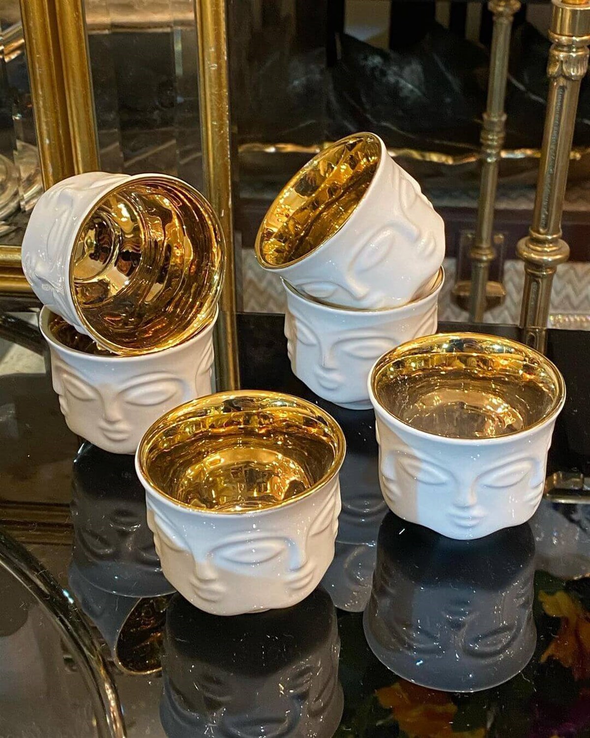 Beyaz Suratlı Parlak Gold Altılı Kahve Fincan Takımı|Lamedore