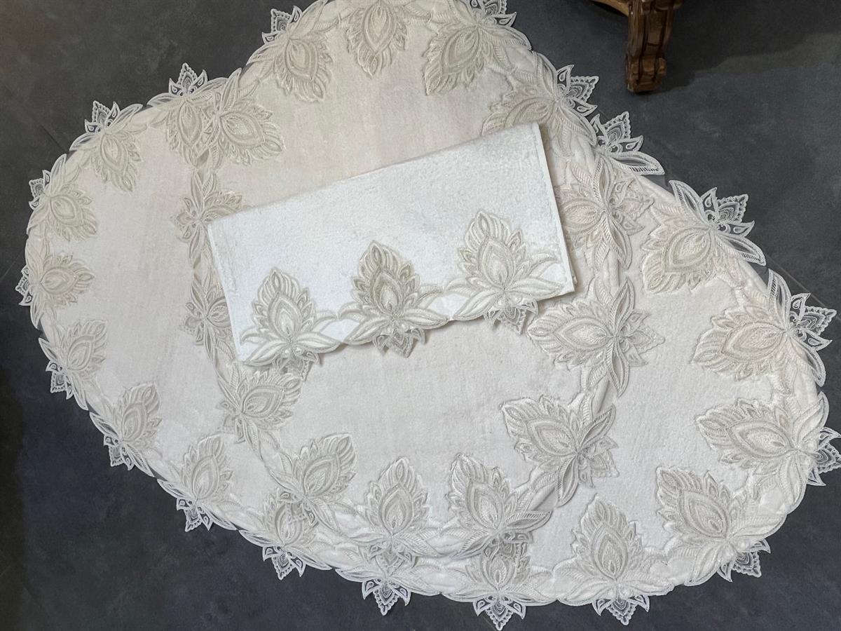 Krem Çınar Yaprağı Dantelli Oval Paspas Takımı