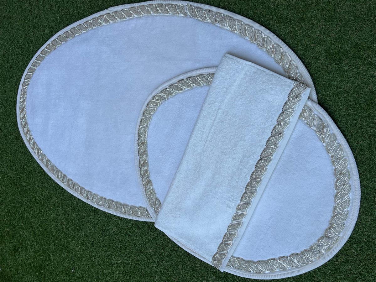 Krem Halat Taşlı Oval Paspas Takımı