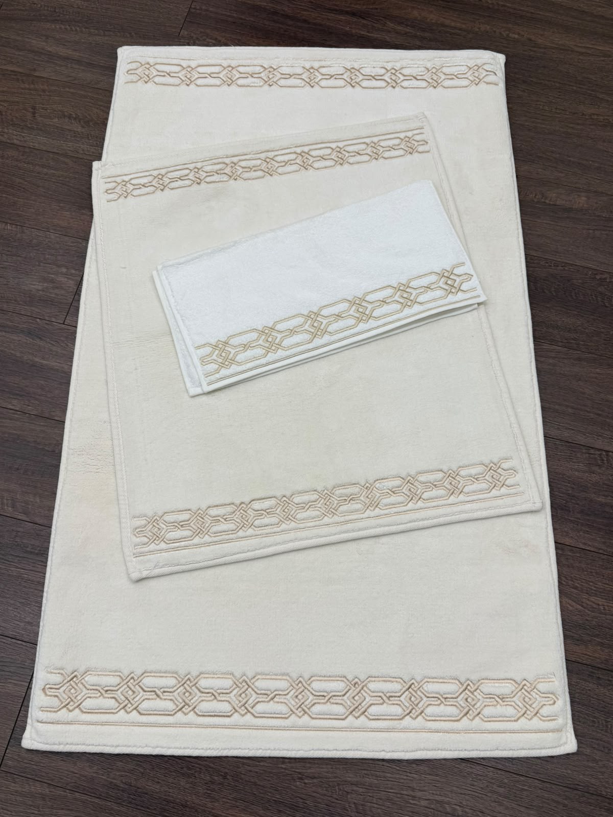 Krem Karamel Geometrik Nakışlı 70x120 cm Paspas Takımı