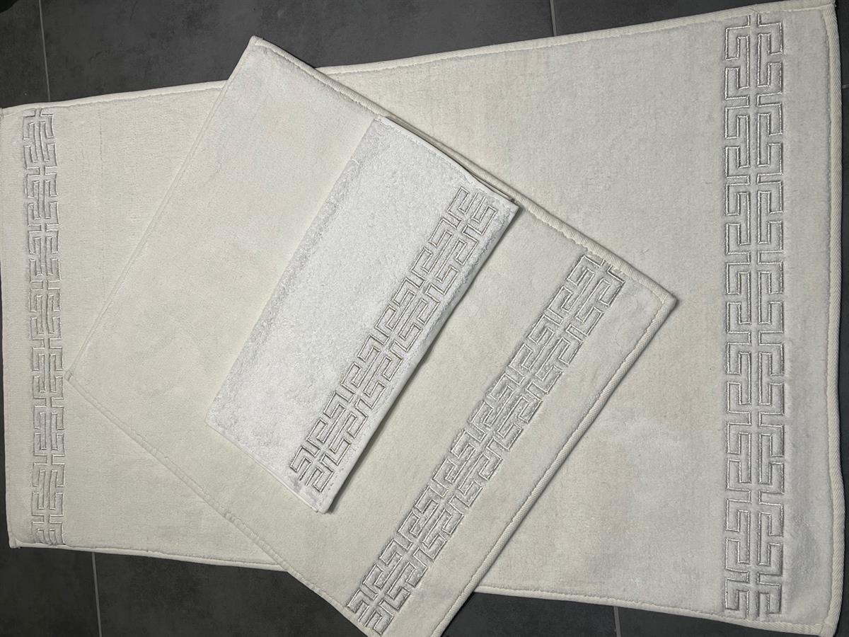 Krem Versace Gümüş Nakışlı Nakışlı Dikdörtgen Paspas Takımı