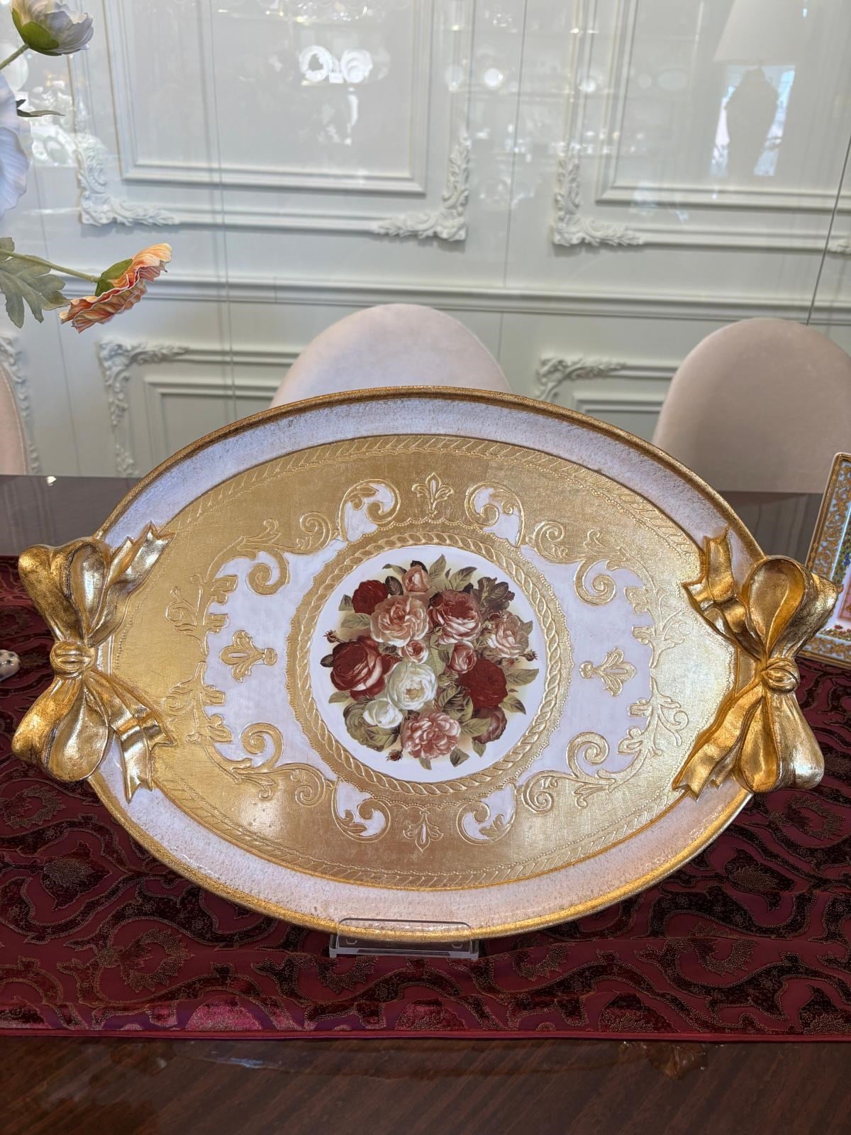 L&M İTALYAN FİYONKLU ALTIN VARAK ÇİÇEKLİ TEPSİ 37x53 CM
