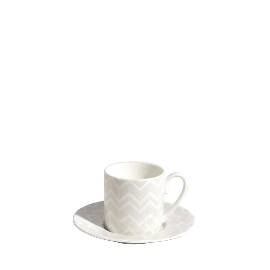 MISSONI ZIG ZAG WHITE - BEYAZ-GRI, 2 KISILIK TURK KAHVESI FINCAN VE TABAGI SETI 0,10 L, 4 PARCA