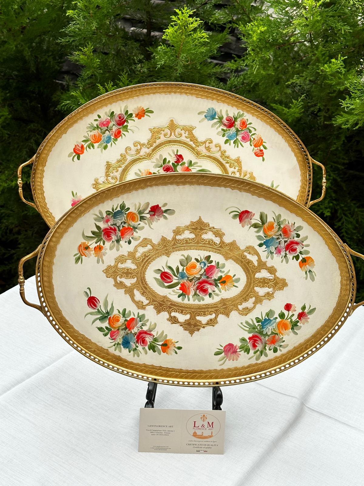 Oval Krem El Boyaması İtalyan Gül Ağacı Tepsi