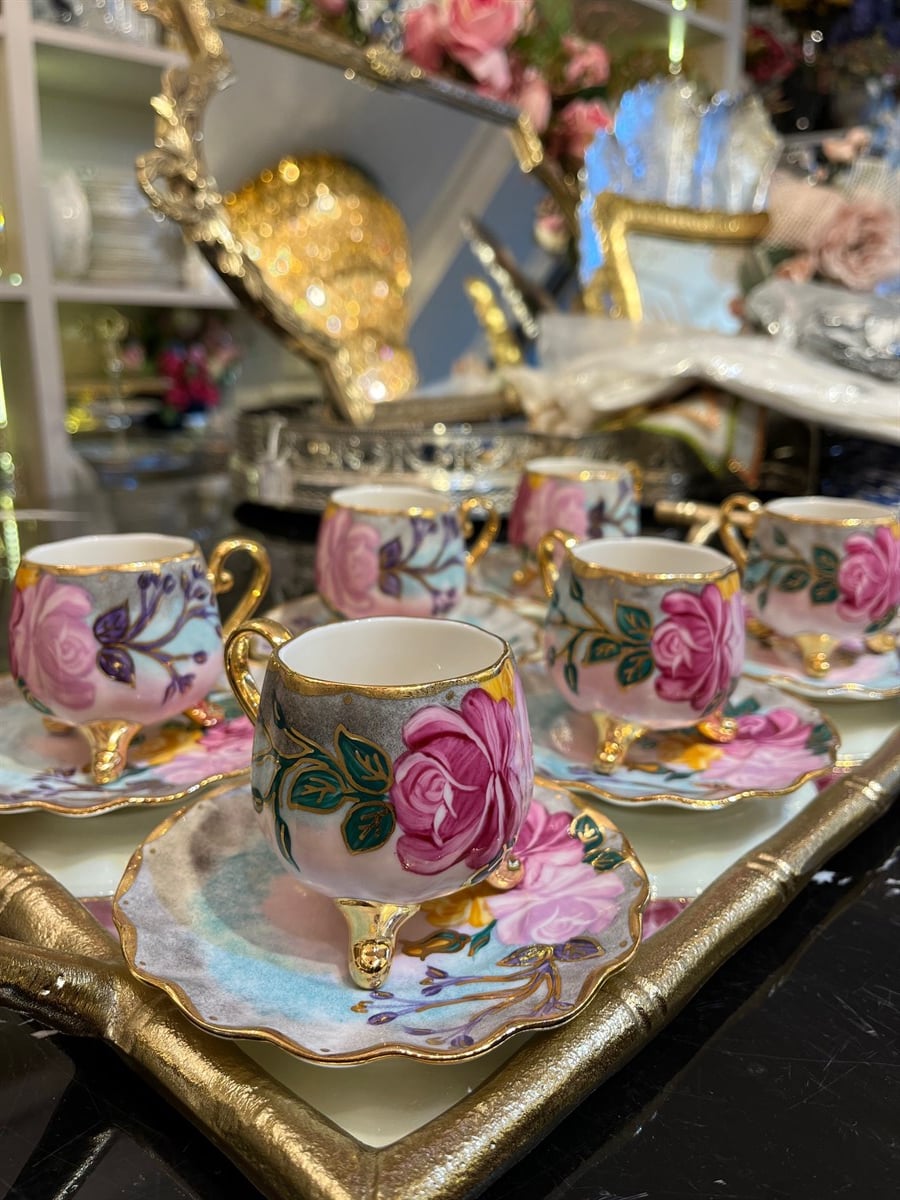 Pembe Rose Model El Boyaması Kahve Fincan Takımı