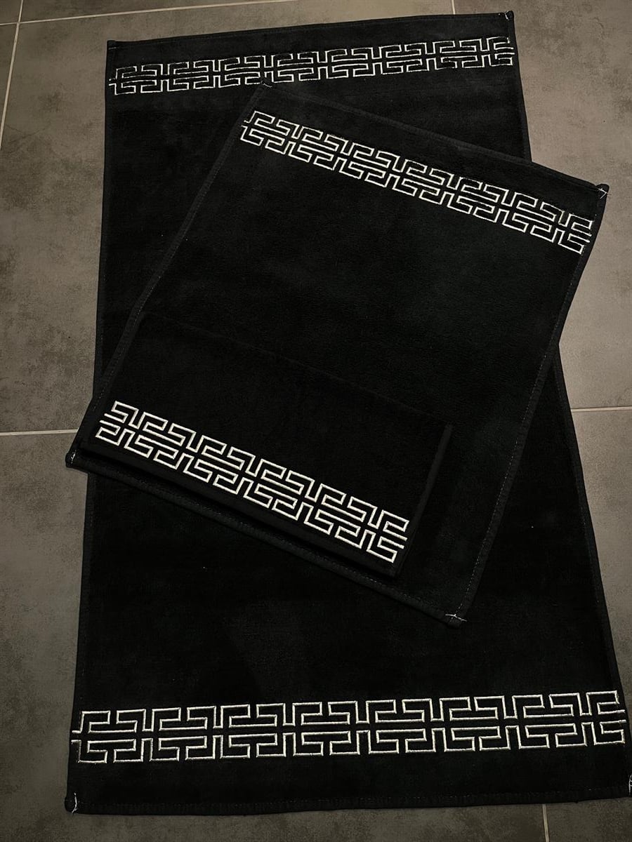 Siyah Versace Gümüş Nakışlı Nakışlı Dikdörtgen Paspas Takımı