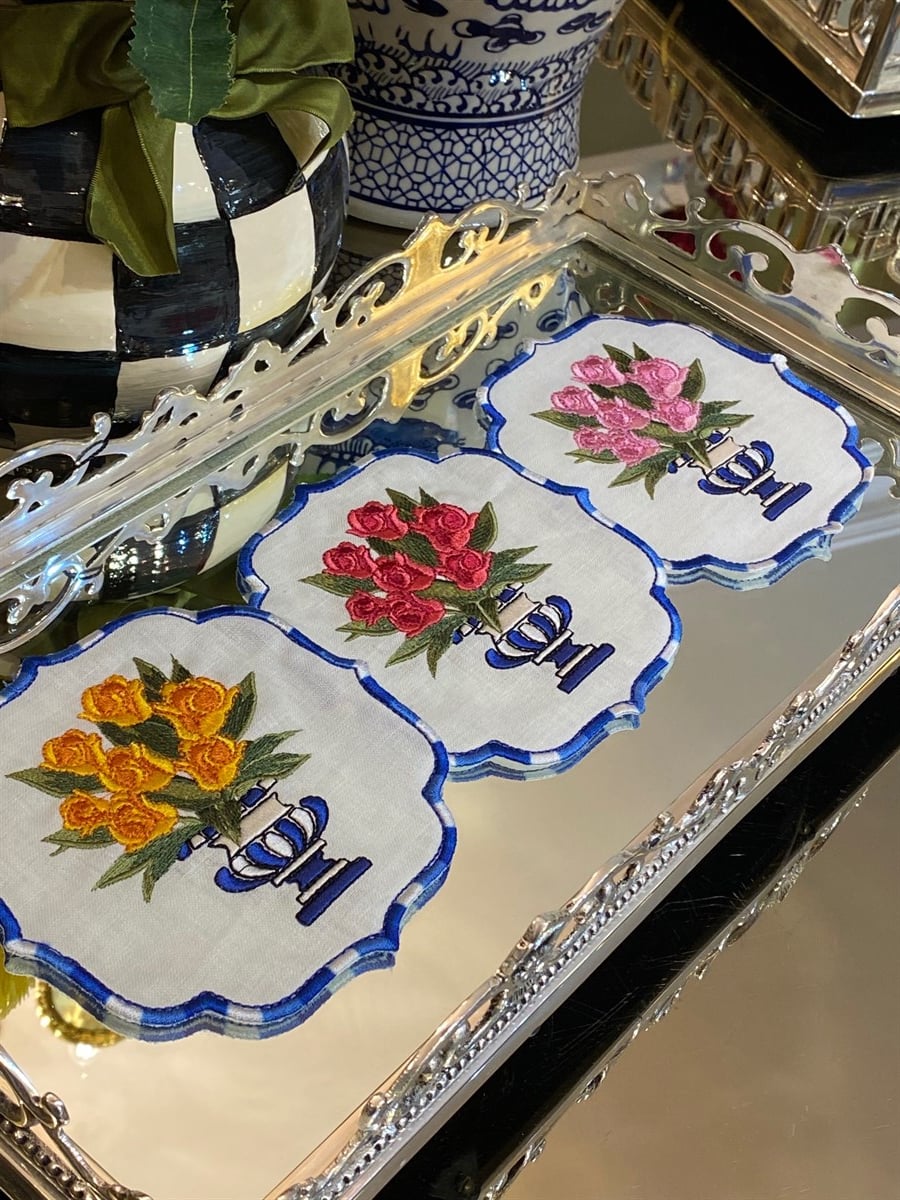 Üçlü Çiçek Nakışlı Kokteyl Peçete Set