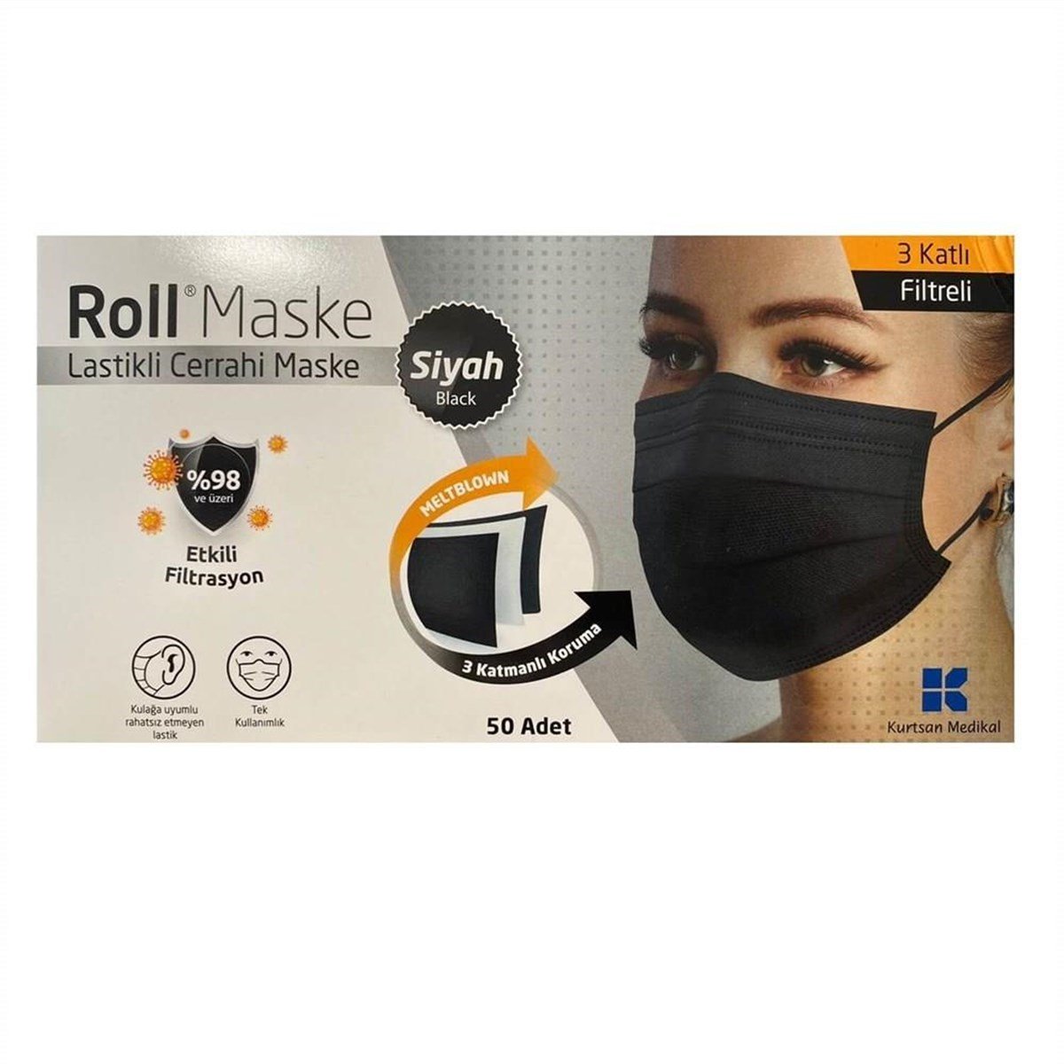 Roll 3 Katlı 10'lu Paketlenmiş Siyah Cerrahi Maske Telli 50'li