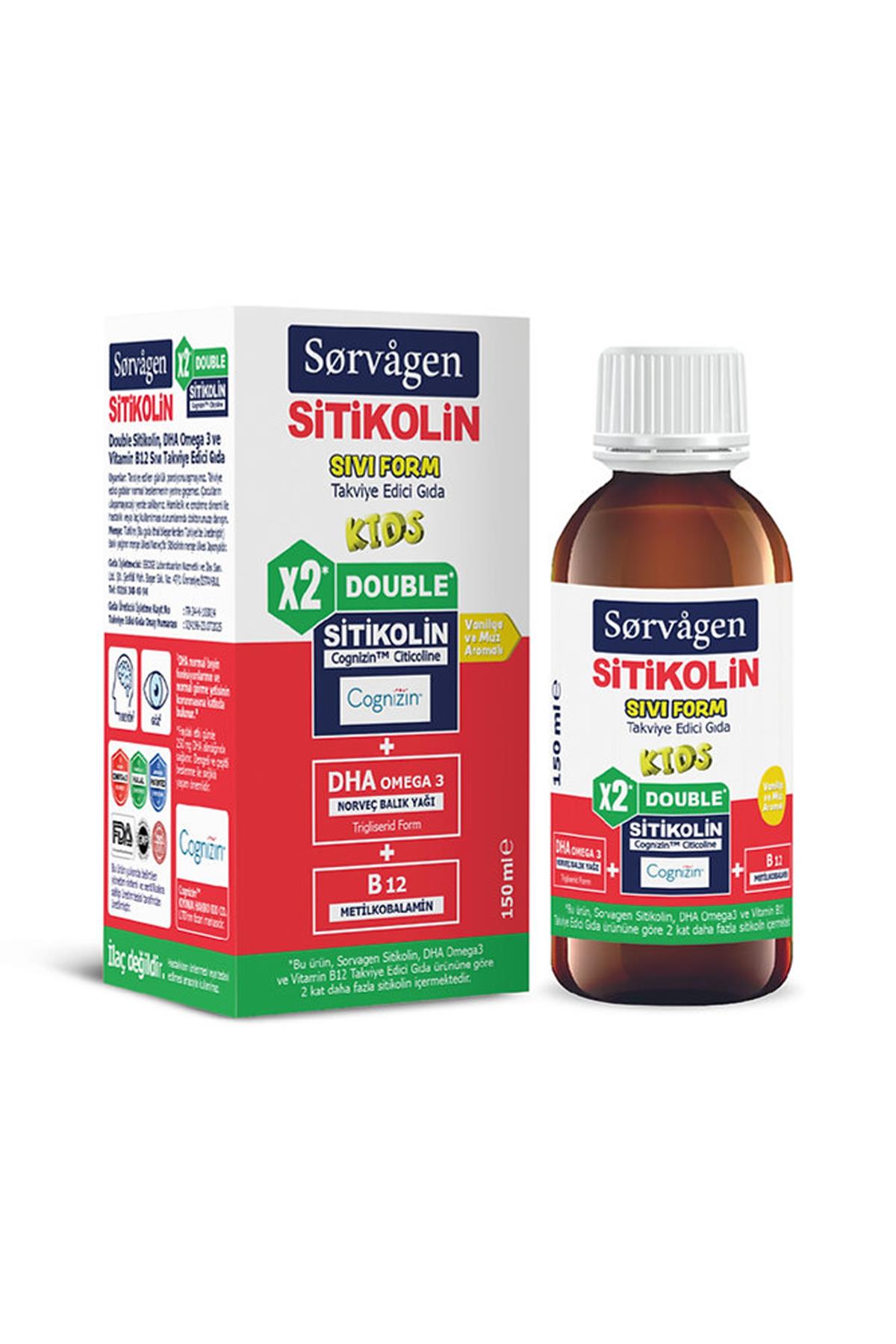 Sorvagen Double Sitikolin Sıvı Form-Sitikolin DHA Omega 3 ve B12 150 ml