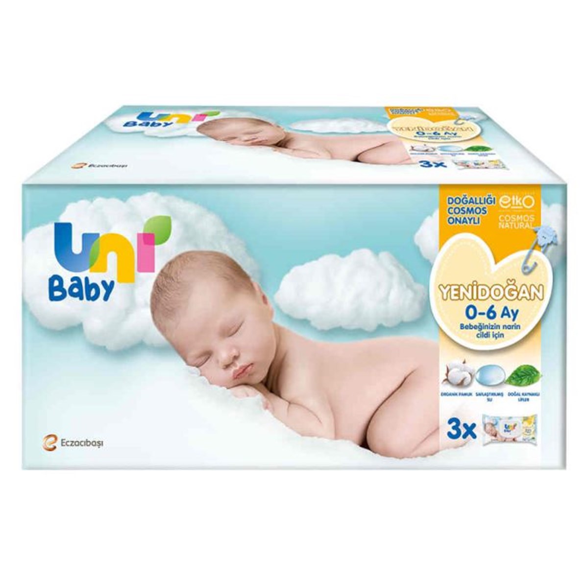 Uni Baby Yenidoğan Islak Pamuk Mendil 3'lü 40'lı