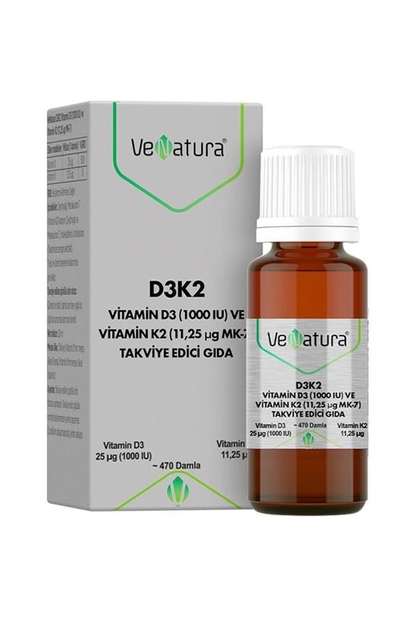 Venatura D3K2 Vitamin D3 1000 IU ve Vitamin K2 11,25 mcg MK-7 20 ml