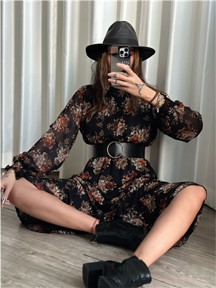 Siyah Şifon Kemerli Çiçekli Elbise