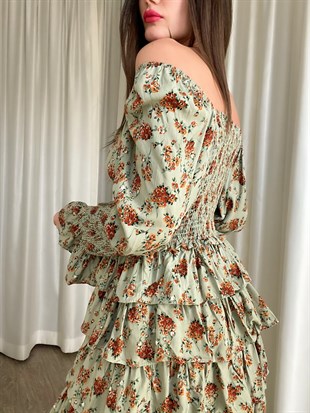 Haki Çiçekli Şifon Elbise