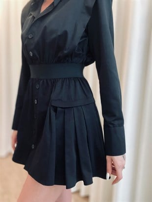 Siyah Beli Lastikli Pamuk Saten Elbise
