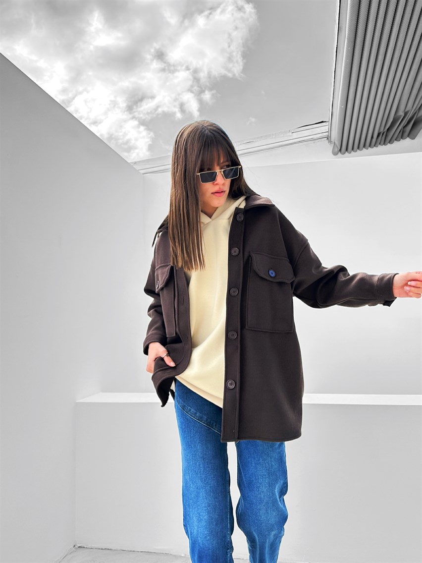 Kadın Kahve Oversize Kaşe Gömlek