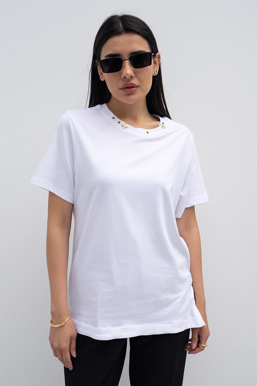 Kadın Beyaz Şerit Detaylı T-Shirt