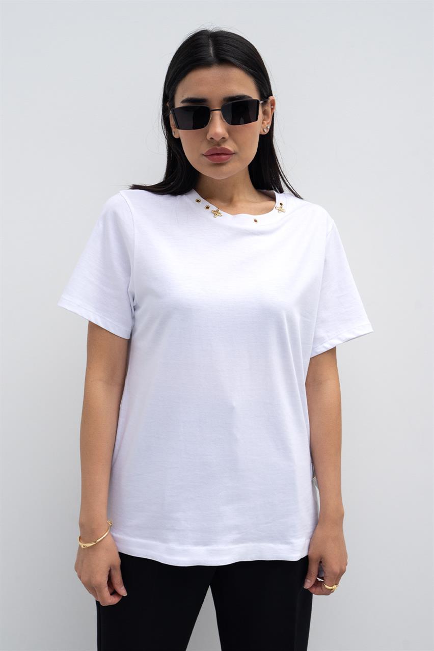 Kadın Beyaz Şerit Detaylı T-Shirt