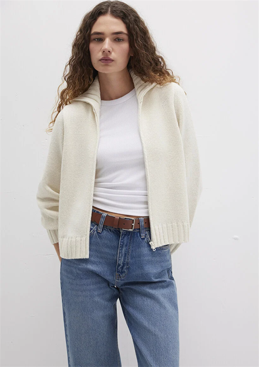 Kadın Ekru M1710482-70057 Fermuarlı Hırka