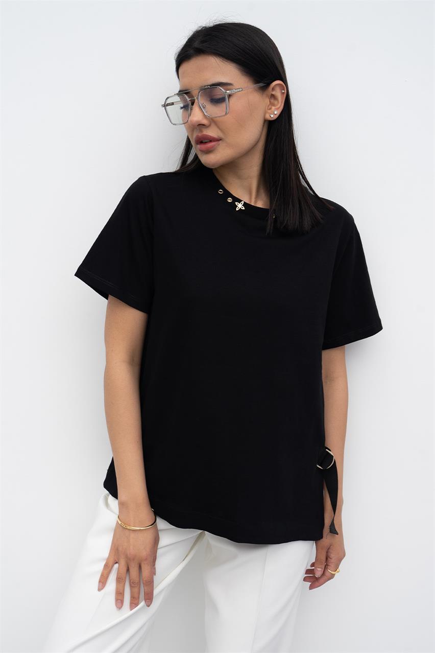 Kadın Siyah Şerit Detaylı T-Shirt