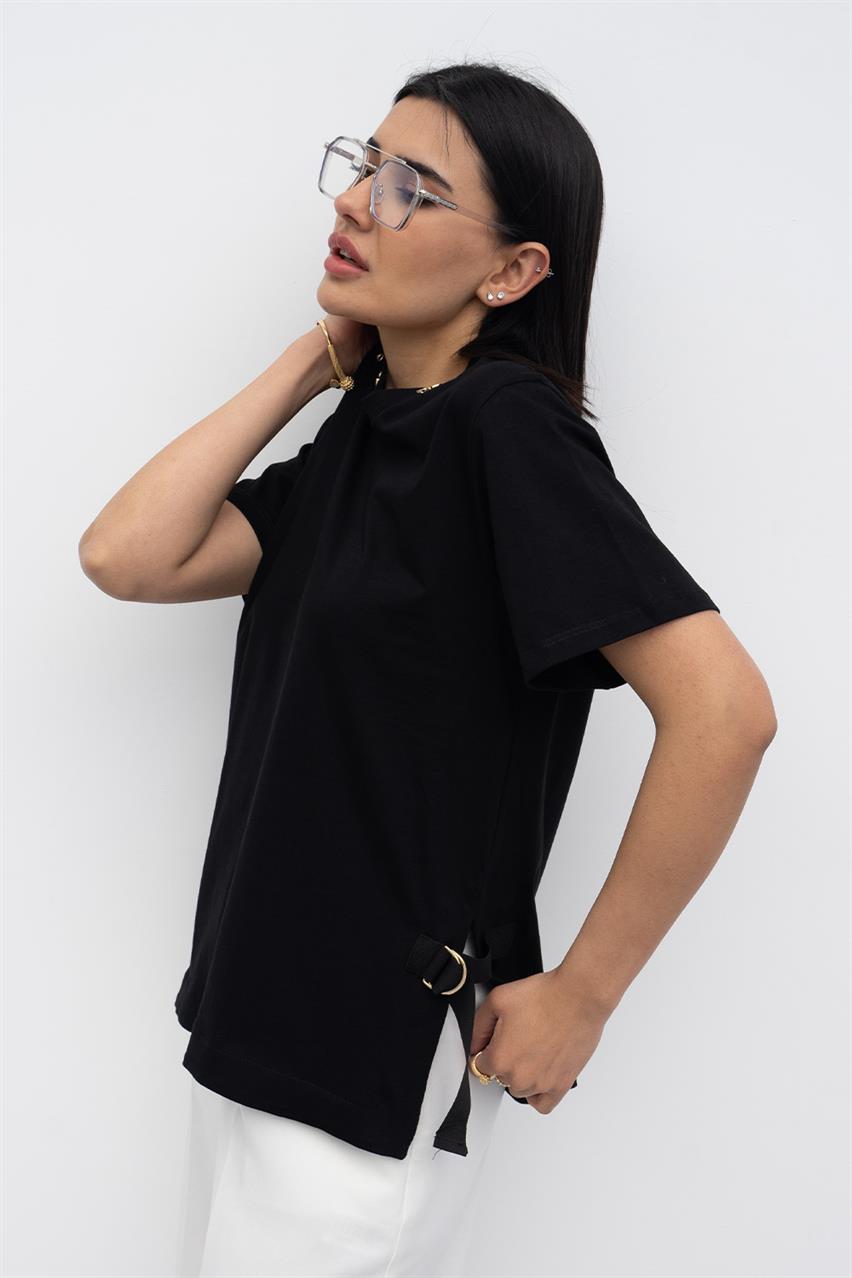 Kadın Siyah Şerit Detaylı T-Shirt