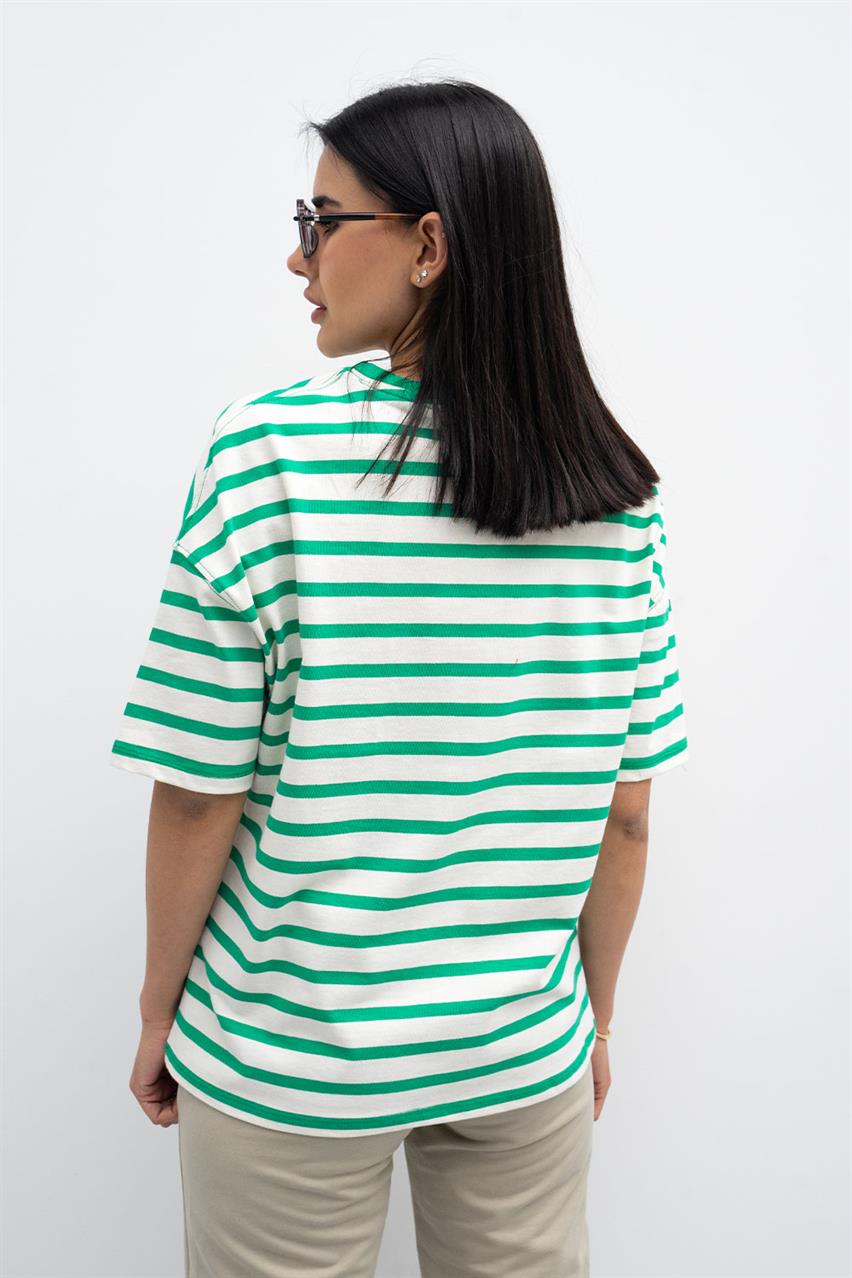 Kadın Yeşil Çizgili Basıc T-Shirt