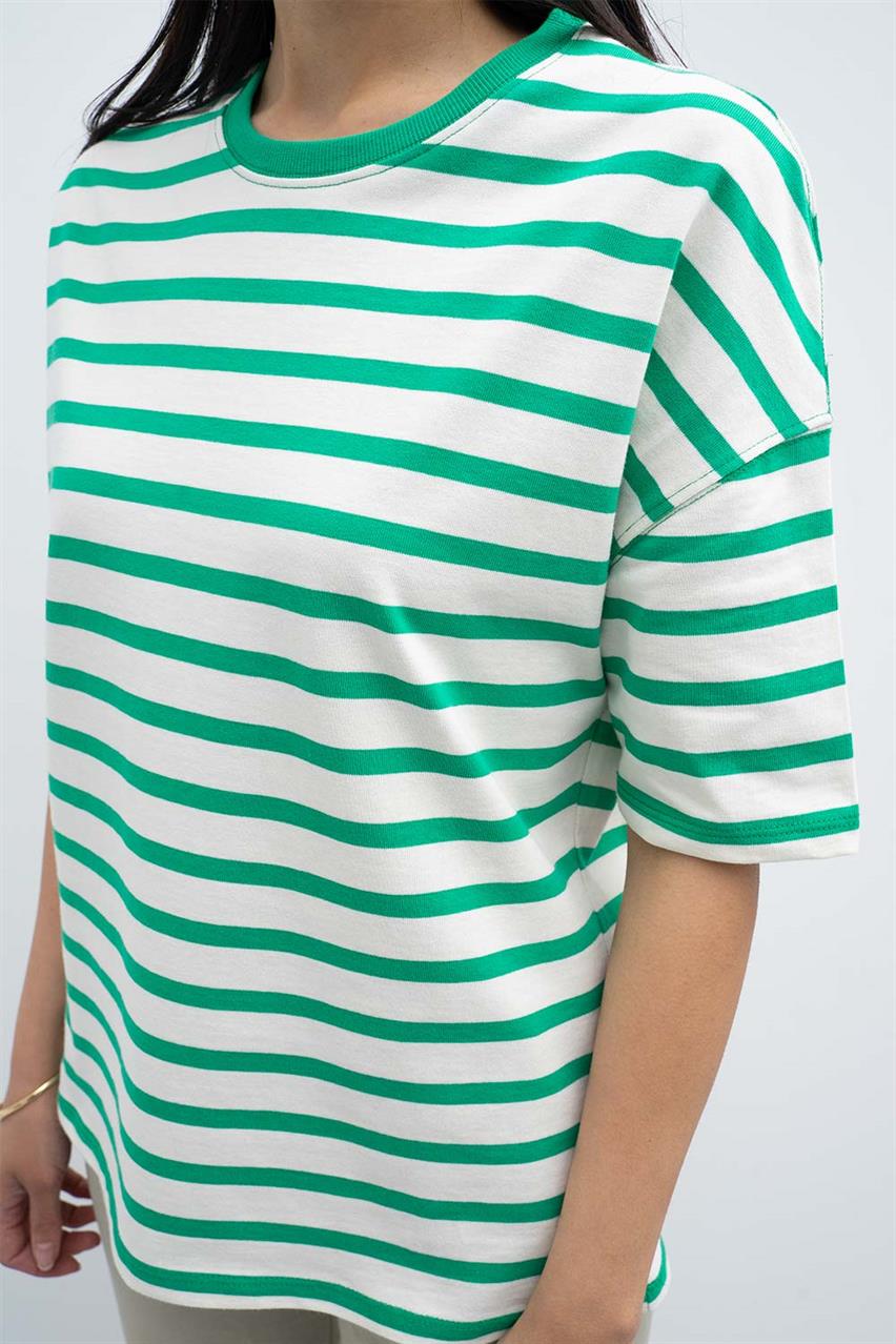 Kadın Yeşil Çizgili Basıc T-Shirt