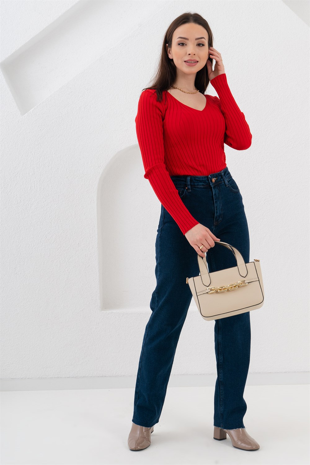 JMFitilli V Yaka Triko-Kırmızı