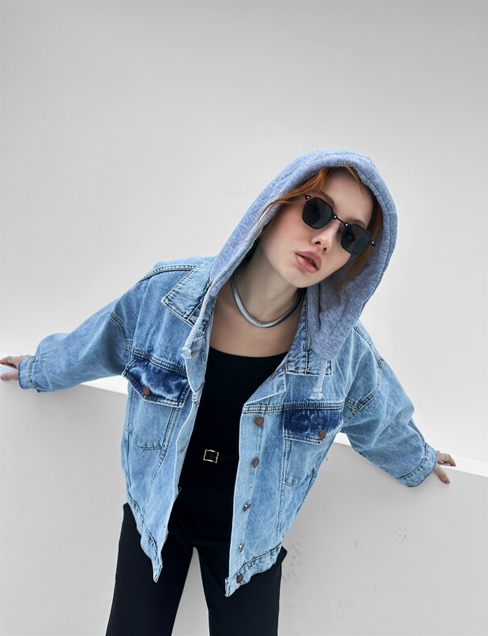 Kadın Açık Mavi Kapüşonlu Kot Ceket | Pranga Giyim