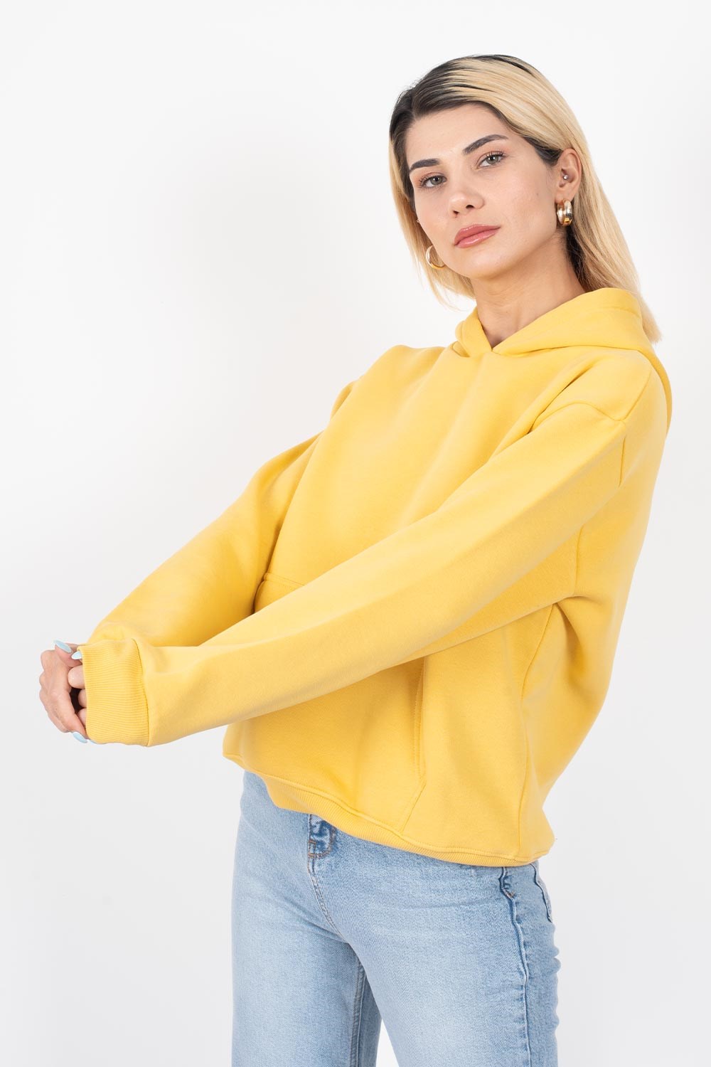Kadın Hardal Sarısı Kapüşonlu Sweatshirt | Pranga Giyim