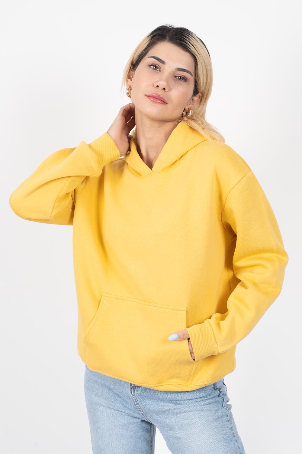 Kadın Hardal Sarısı Kapüşonlu Sweatshirt | Pranga Giyim