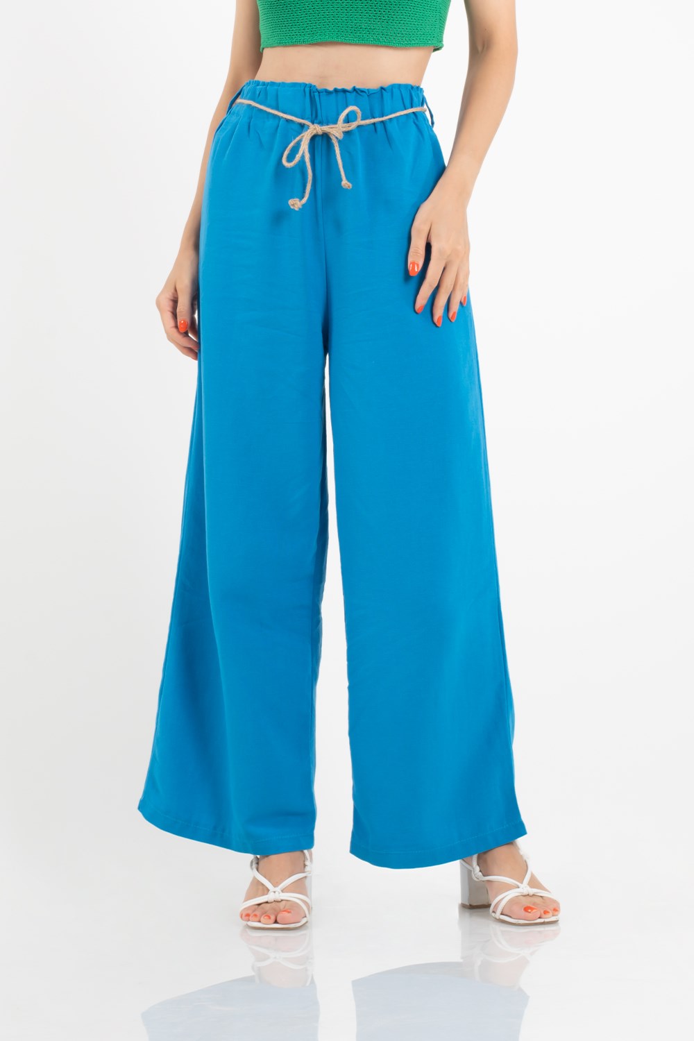 Kadın Mavi Bol Paça Keten Pantolon | Pranga Giyim