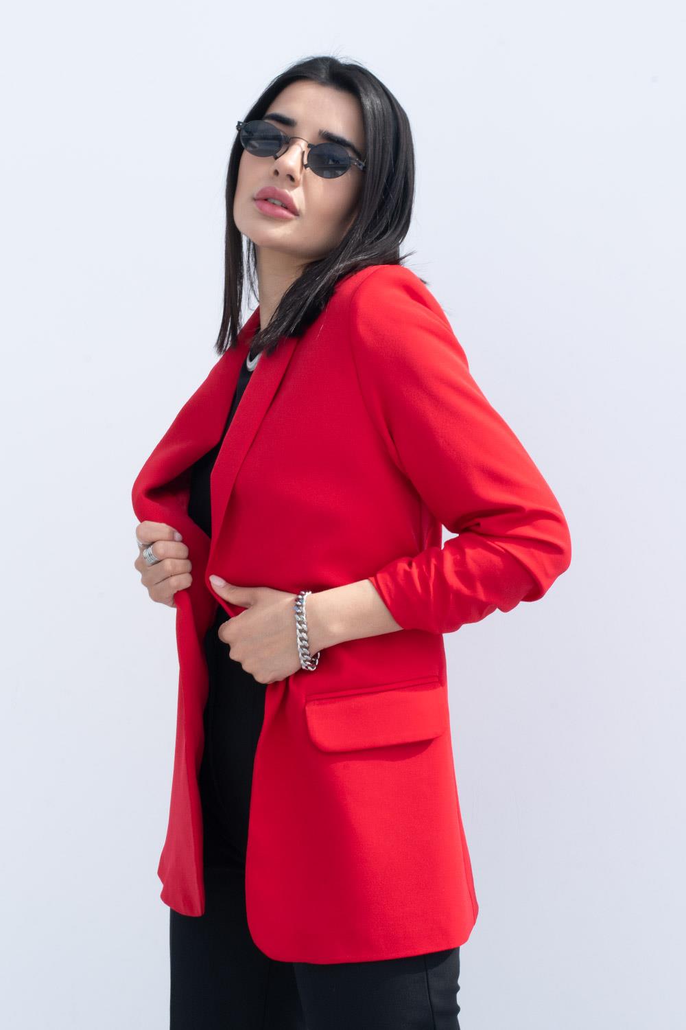 Kadın Kırmızı Koları Büzgülü Uzun Ceket | Pranga Giyim