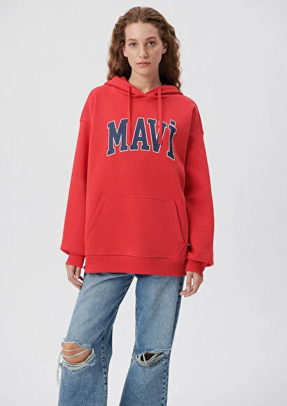 Pranga Kadın Kırmızı M1600361-82054 Mavi Logo Kapüşonlu Sweatshirt - SWT.KD.0139