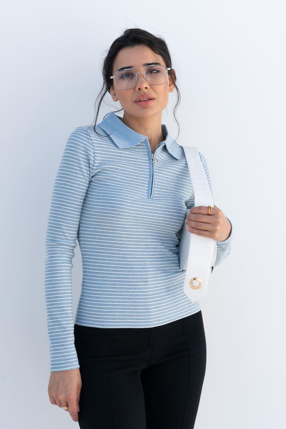 Kadın Mavi Polo Yaka Bluz | Pranga Giyim