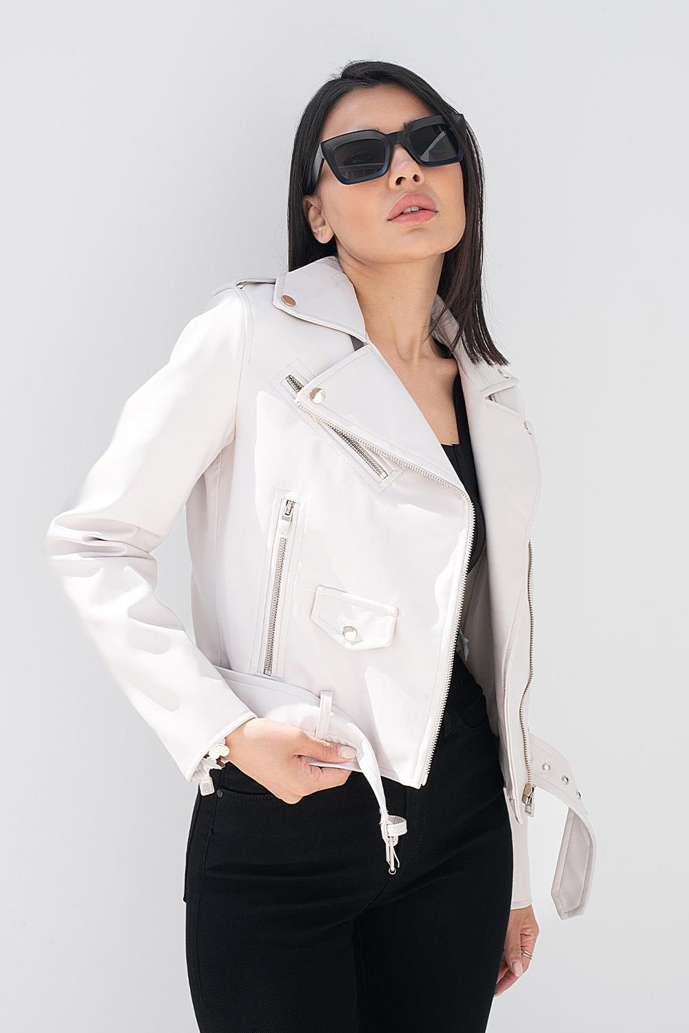 Kadın Taş Rengi 6872 Fermuarlı Deri Ceket | Pranga Giyim