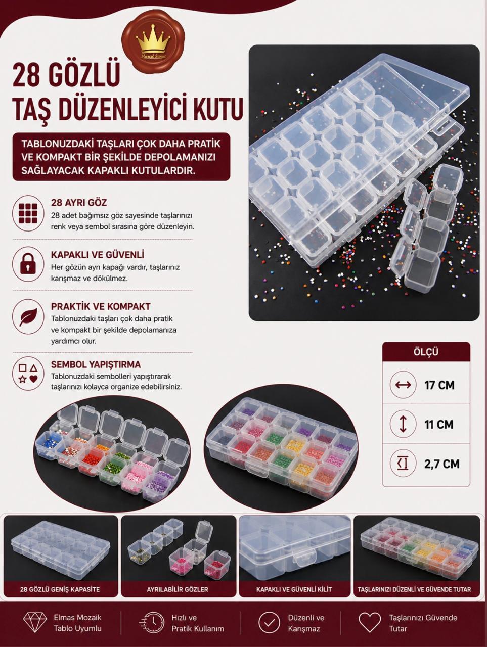 28 Gözlü Şeffaf Elmas Mozaik Taş Koyma Kutusu Ölçü:17cm x11cm x  2,7 cm- marcelsanat.comAKSESUARMarcel Sanat Elmas Mozaik Tablo & Diamond Painting TurkeyM2017ŞFFKTUMARCEL 28 Gözlü Taş düzenleyici Kutu Elmas Mozaik Taş Koyma Kutusu Ölçü:17cm x11cm x  2,7 cm