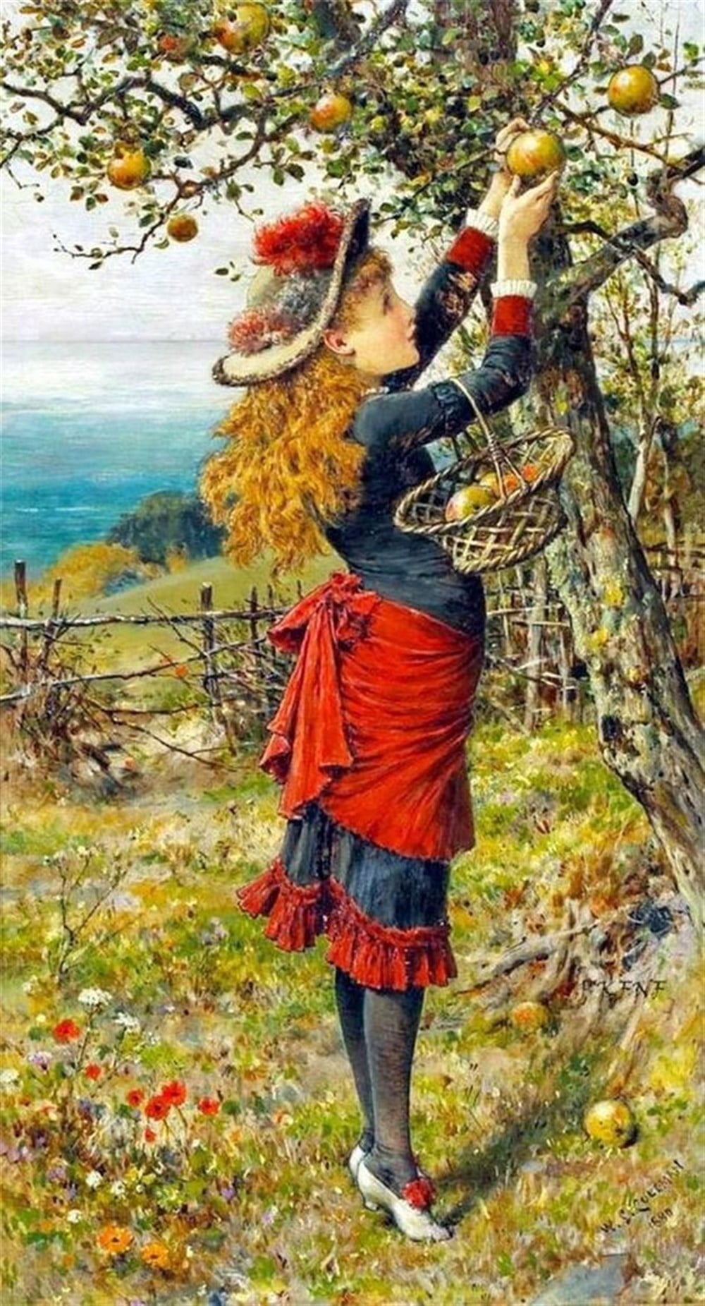 Ağaç Dalından Meyve Toplayan Eski Zaman Kızı Tablosu 36x69cm