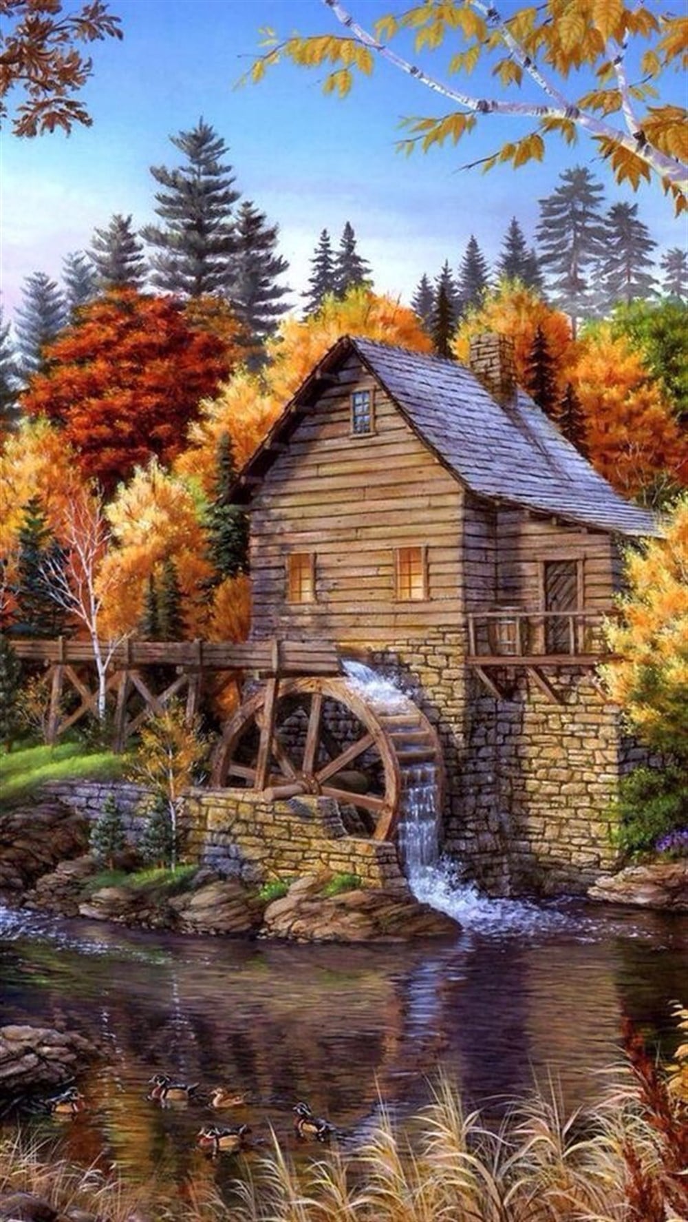 Ahşap Ev ve Su Değirmeni Elmas Mozaik Tablo 35x60cm