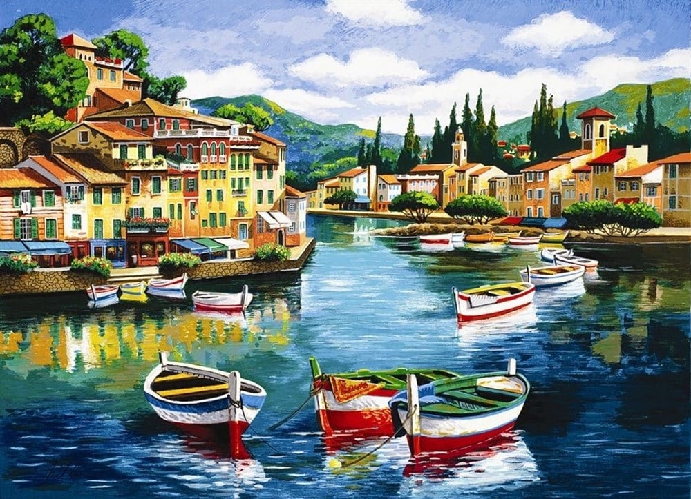 Küçük Balıkçı Kasabası Elmas Mozaik Tablo 55x40cm
